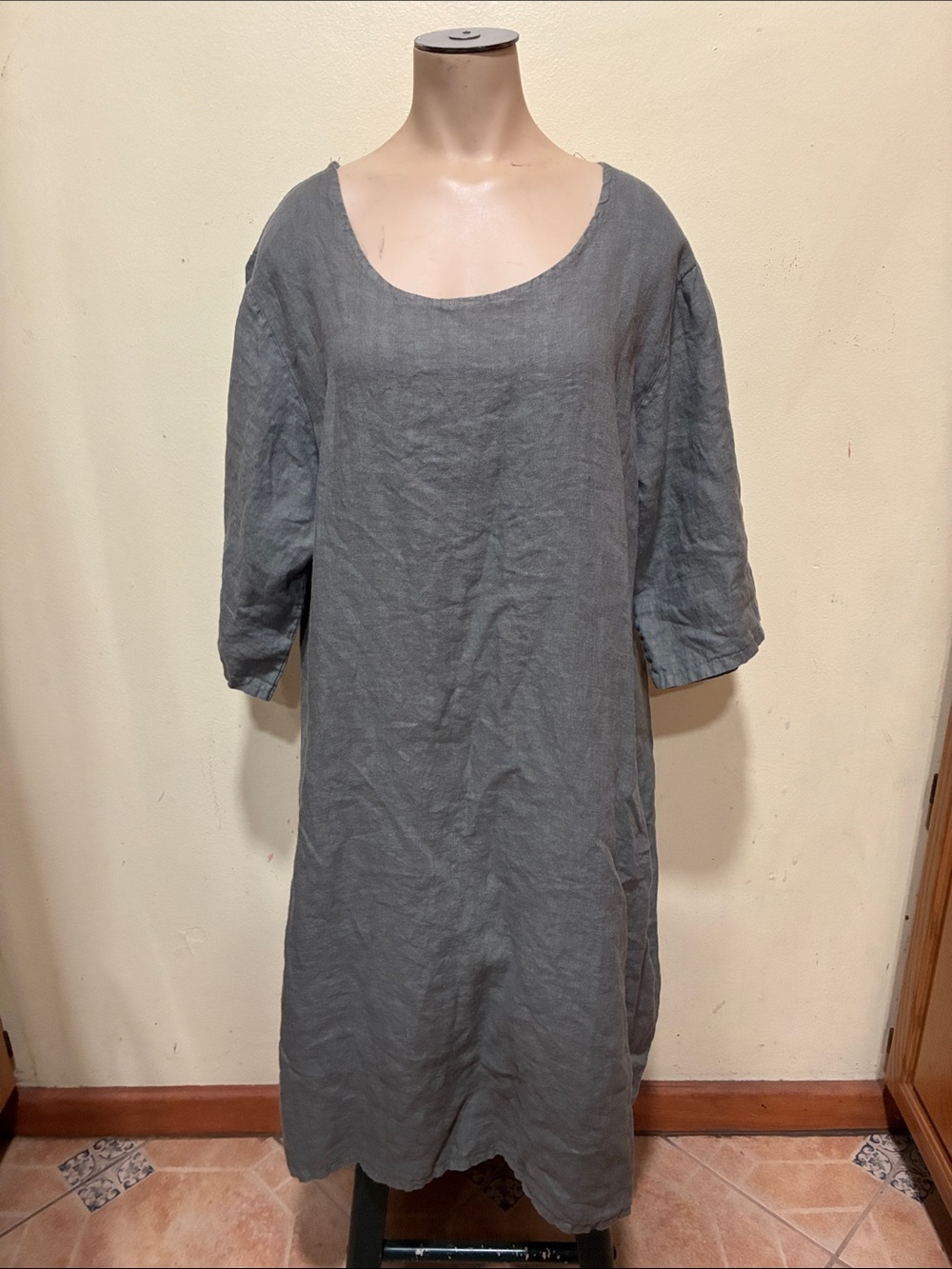 Puro Lino Relaxed Scoop Neck Linen Tunic Dress - Gray/green